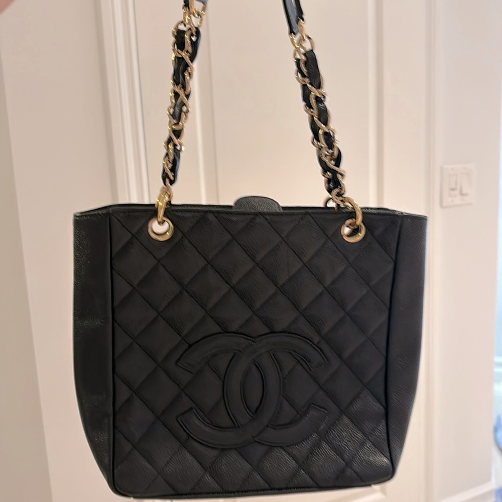 Authentic classic Chanel black caviar shoulder bag